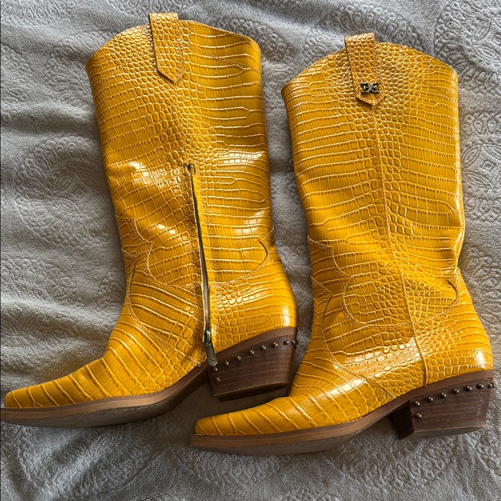 Yellow Croc-Embossed Leather Boots